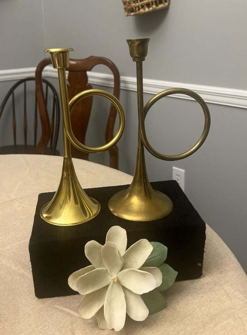 Vintage Solid Brass Horn Bugle Taper Candle Holders - Set of 2